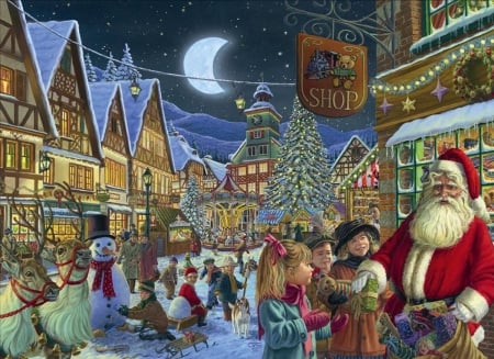 Santa Claus and the children - moon, street, christmas, santa, pictura, craciun, red, painting, art, luna