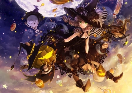 Witch - hat, moon, anime, huazha01, girl, pumpkin, witch, manga, halloween, luna