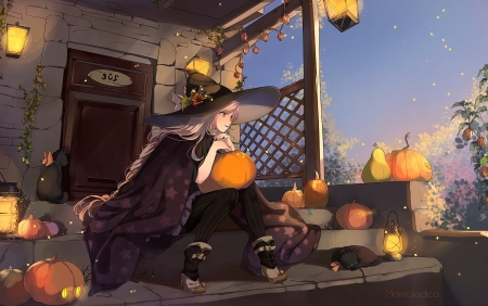 Witch and cats - hat, marmalade, anime, girl, orange, cat, witch, manga, pisica, halloween