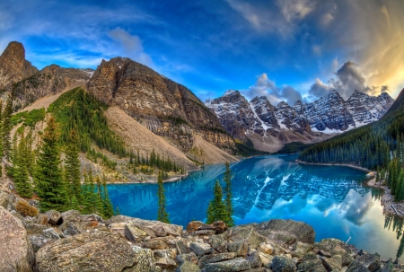 Moraine lake - trees, beautiful, tranquil, landscape, reflection, mountaon, view, cliffs, serenity, lake, Moraine, rocks