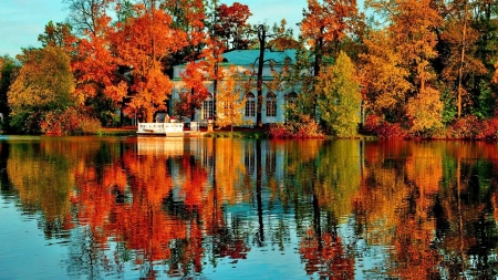 crystal Lake - house, trees, mirrored, reflection, nature, autumn, lake, foliage, park