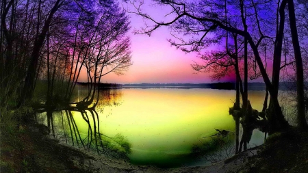 Colorful Sunset - calm, trees, water, sunset, nature, soft, lake, peaceful, pastel