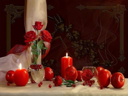 Still Life - flowers, vase, apples, candles, red roses, light