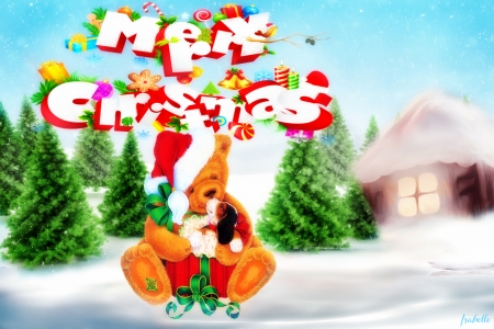 Merry Christmas to All â™¥â™¥â™¥ - winter, text, sweet, cottage, season, letters, pine trees, holiday, land, fantasy, merry christmas, teddy bear, snow