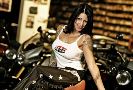 Biker Cowgirl - chaps, bikes, white shirt, model