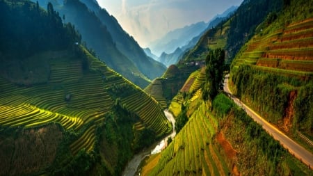 Green Mountain - nature, trees, clouds, river, green, field, mountains, terraces