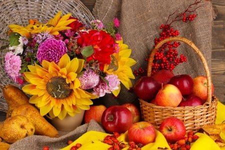 Autumn plenty - pretty, vase, sunflowers, plenty, beautiful, lovely, flower, still life, bouquet, leaves, fall, colorful, apples, autumn, fruits, foliage