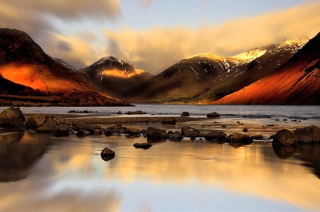 Lake Sunset - nature, lake, sunset, mountain