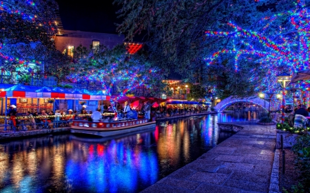 Colorful Christmas - house, boats, river, trees, lights, snow, frost