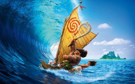 Moana 2016 - summer, boat, girl, sea, man, fantasy, movie, disney, luminos