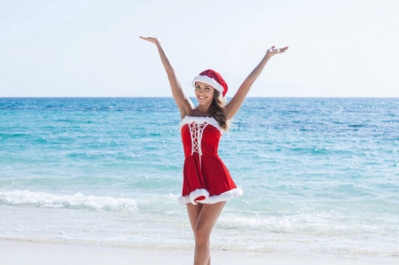 Merry Christmas! - hat, summer, blue, beach, girl, sea, christmas, santa, craciun, red, woman, model