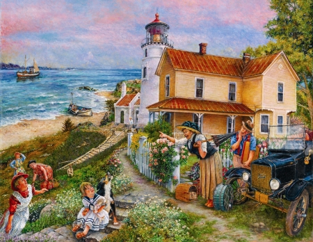 The surprise - susan brabeau, summer, lighthouse, sea, copil, child, pictura, car, painting, woman, art