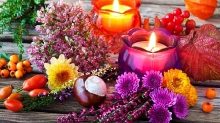 Still life - flowers, apples, yellow, purple, red, candles, pink, still life