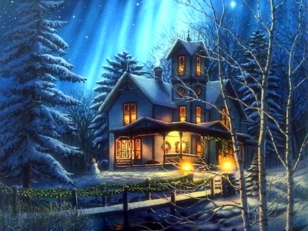 Northern sky - house, blue, lights, night, sky