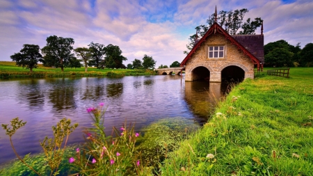 Lake Cabin - cottage, lake, glowers, shore, nature, reflection, river, house, cabin, grass, boat