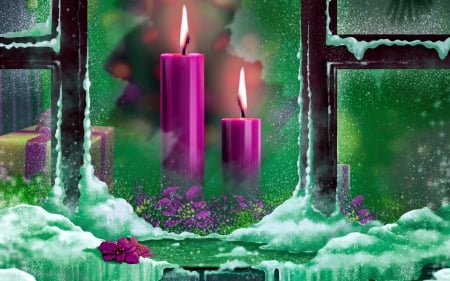 Purple christmas candles - ice, candle, light, winter, snowflakes, christmas, flame, home, pretty, cold, window, frost, snow, beautiful, decoration