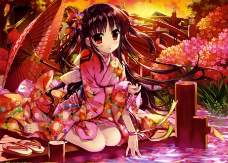 Red ... - nice, beauty, female, water, japanese, anime girl, pretty, japan, umbrella, petals, anime, kimono, bridge, cute, scene, girl, adorable, long hair, lovely, kawaii, red, beautiful, blossom, yukata, sweet, flower