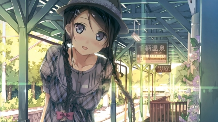 #Nothing - cute, kawaii, shy, anime girl, grey eyes, dress, long hair, train station, nice, hat, black hair