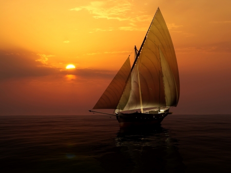 Horizon Sunset - horizon, sunset, nature, boat, sea, sun, sky