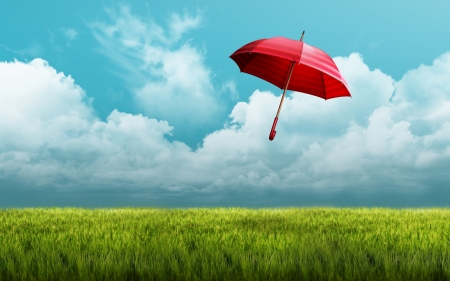 Red umbrella - wind, umbrella, blue, red, green, grass, sky