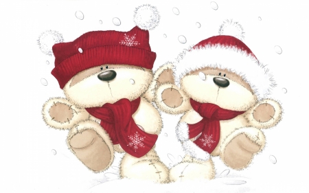 Merry Christmas! - white, red, cute, teddy bear, hat, craciun, couple, christmas