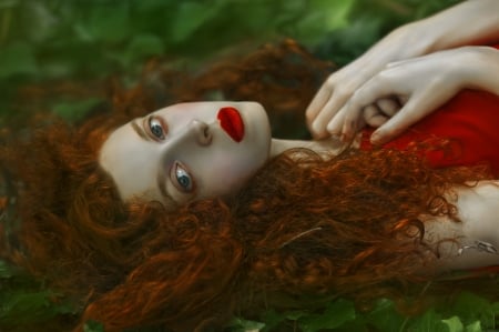 Redhead - woman, agnieszka lorek, redhead, girl, lips, model, red, hand, green