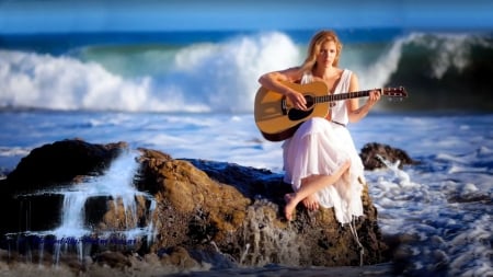 girl strumming guitar in a sea cliff - waving sea, the sea suring waters, guitar, gir with a guitar, beautiful females