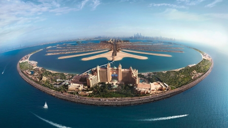 Palm Jumeirah - 7 star, water, hotel, man made, dubai, palm jumeirah, modern, architecture, arab, resort, boat, marine, ocean, building, uae, island, sea