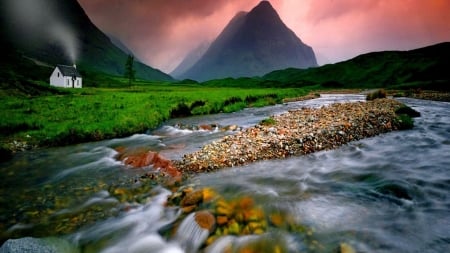 Summer Serenity - cottage, sky, summer, serenity, creek, nature, calmness, river, cabin