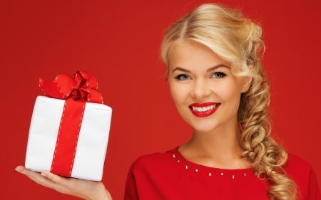 Merry Christmas! - girl, blonde, christmas, smile, white, craciun, red, woman, model, gift