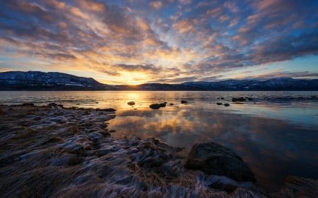 Lake - sky, lake, rocks, water, sunset