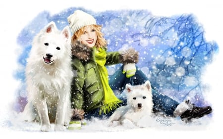 Huskies - woman, hat, girl, winter, scarf, caine, white, art, dog, blue, snow, husky, lorri kajenna, animal, green