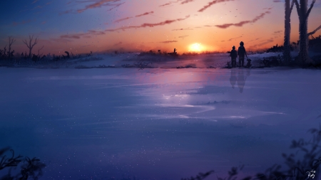 Frozen lake - lake, people, ryky, winter, sunset, fantasy, luminos, blue, frozen