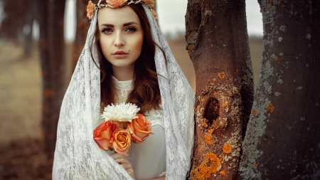 Bride - white, brunette, women, hair