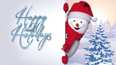 Peeking Snowman - snowman, winter, christmas, holidays, smiles, snow, tree, feliz navidad, happy, firefox persona theme