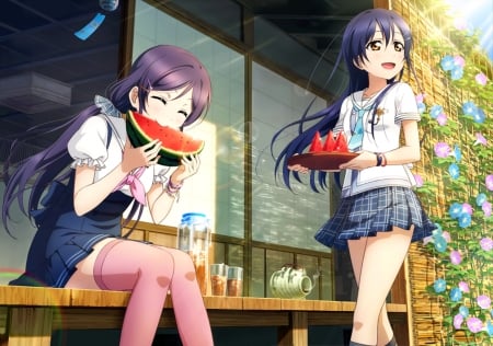 Nozomi and Umi - Cute, Female, Anime girls, Nozomi Tojo, Umi Sonoda, Kawaii, Anime, Watermelon, Love Live, Beautiful anime art