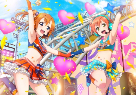 Honoka and Rin - cheerleader, anime girls, female, love live, honoka kousaka, kawaii, hearts, rin hoshizora, anime, school idol project, cute