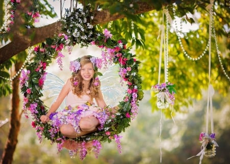 little girl - princess, fun, angel, roses, people, hair, belle, sightly, white, face, childhood, fair, little, bonny, adorable, set, wallpaper, child, nature, pink, beautiful, sweet, beauty, nice, sky, photography, baby, pretty, swing, tree, cute, kid, dainty, girl, lovely, pure, comely, play, desktopnexus, smile, flower, blonde