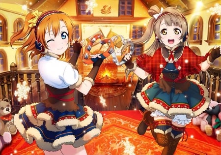 Honoka and Kotori - xmas, female, love live, winter, honoka kousaka, christmas, kawaii, school idol project, kotori minami, teddy bear, cute