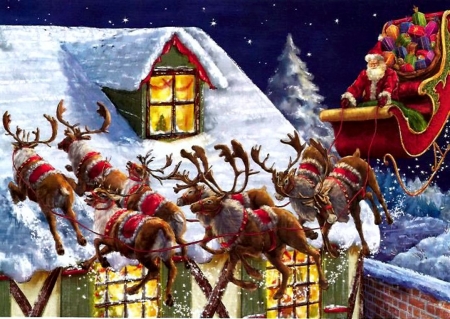 Santa Passing - house, sleigh, artwork, snow, reindeers