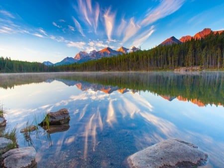 Reflecting Lake - forest, mountains, rocks, water, lake, reflection, clouds, trees, nature