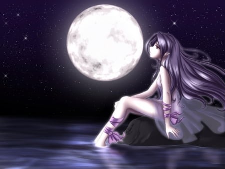 â€¢áƒ¦âœ¿áƒ¦â€¢ - moon, purple, alone, anime, sit