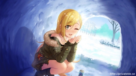 Rina Fujimoto - winter, green eyes, blonde, anime, long hair, coffee, skirt, anime girls, snow