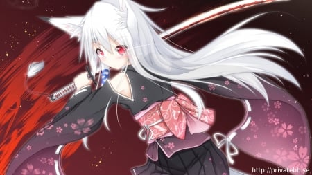 Kitsunemimi - anime, animal ears, sword, tail, long hair, white hair, red eyes, kitsunemimi, katana, weapon, anime girls