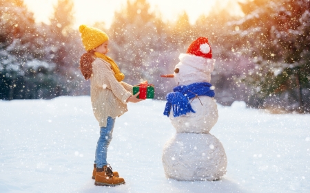 I have a gift for you! - snowman, craciun, hat, girl, winter, child, copil, scarf, christmas, white, yellow