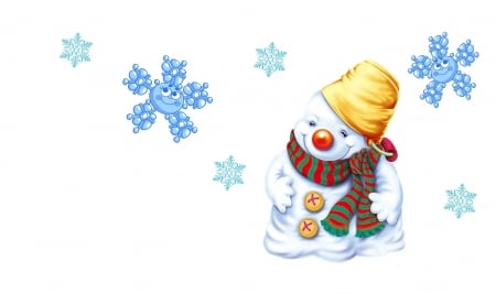 Snowman - child, winter, cute, snowflake, scarf, snowman, blue, white, hat