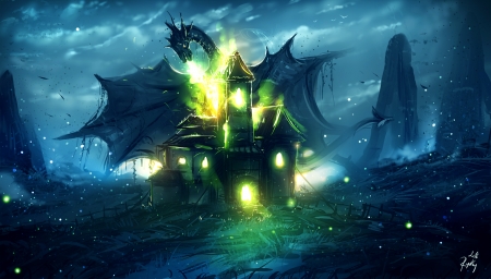 Green death - fantasy, ryky, dragon, blue, green, art, luminos