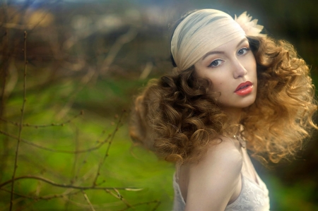 Beauty - white, woman, girl, hat, vintage, green, model, retro