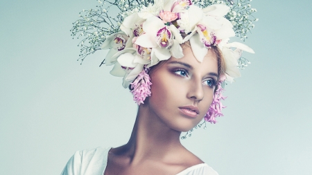 Beauty - blue, woman, model, girl, orchid, face, flower, pink