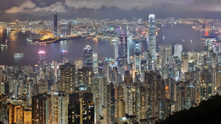 Victoria Harbour, Hong Kong - clouds, victoria harbour, river, ships, hong kong, skyscrapers, lights